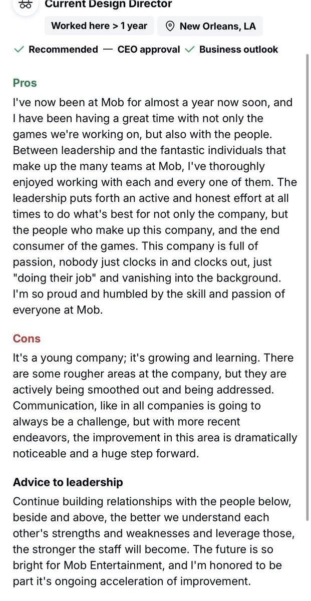 _EmArEm_'s tweet photo. Adding on to this dude… out of all the Glassdoor reviews, I feel like this is the most trustable. Close to how he writes things, has the same role he has at Mob, date accurate to the time he joined Mob, etc…

And this review was only a year ago in April... imagine how much Mob’s probably improved now :)