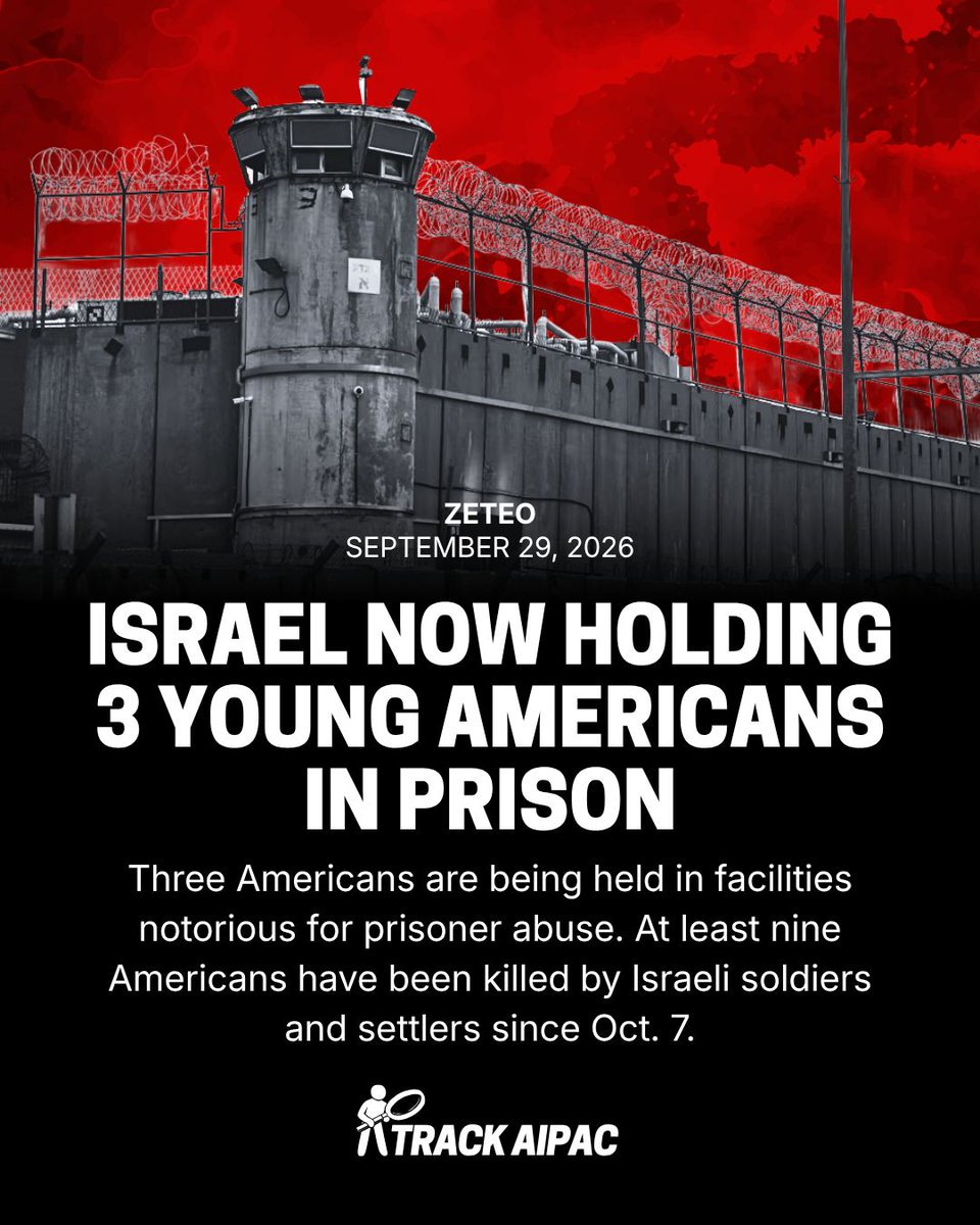 TrackAIPAC's tweet photo. Israel has kidnapped ANOTHER American teenager!

The apartheid regime is now holding 3 young Americans in prison facilities that are notorious for prisoner abuse.

Abdalkareem Issa Ahmed Safi, an 18-year-old with Texas roots, was taken from his family’s West Bank home in the middle of the night. Adam Karakrah, a 16-year-old with ties to Chicago, was detained in July. Sama Safi, a 20-year-old with ties to Florida, was also taken from her family's home in June.

“Israeli authorities administer occupation by force and utilize the military law and court system to control all Palestinians regardless of American citizenship. For those implementing an apartheid system, the only measure to determine what rights attach is whether you are Palestinian,” said Brad Parker, associate director of policy and an attorney at the Center for Constitutional Rights. 

- via @Zeteo