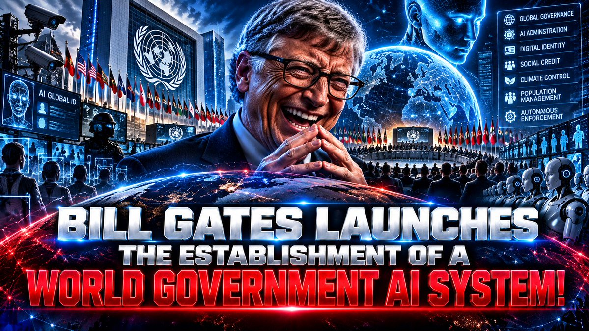 The image is a sensationalized digital collage featuring a grinning Bill Gates at its center, surrounded by dystopian imagery including UN headquarters, surveillance cameras, humanoid robots, and a globe, with a side menu listing concepts like "GLOBAL GOVERNANCE," "AI ADMINISTRATION," "DIGITAL IDENTITY," "SOCIAL CREDIT," and "POPULATION MANAGEMENT."

Bold text across the bottom declares: "BILL GATES LAUNCHES THE ESTABLISHMENT OF A WORLD GOVERNMENT AI SYSTEM!" — visually amplifying the accompanying post's claim that Gates is promoting a centralized global AI regime, aligning the imagery's authoritarian sci-fi aesthetic with the conspiracy narrative being promoted.