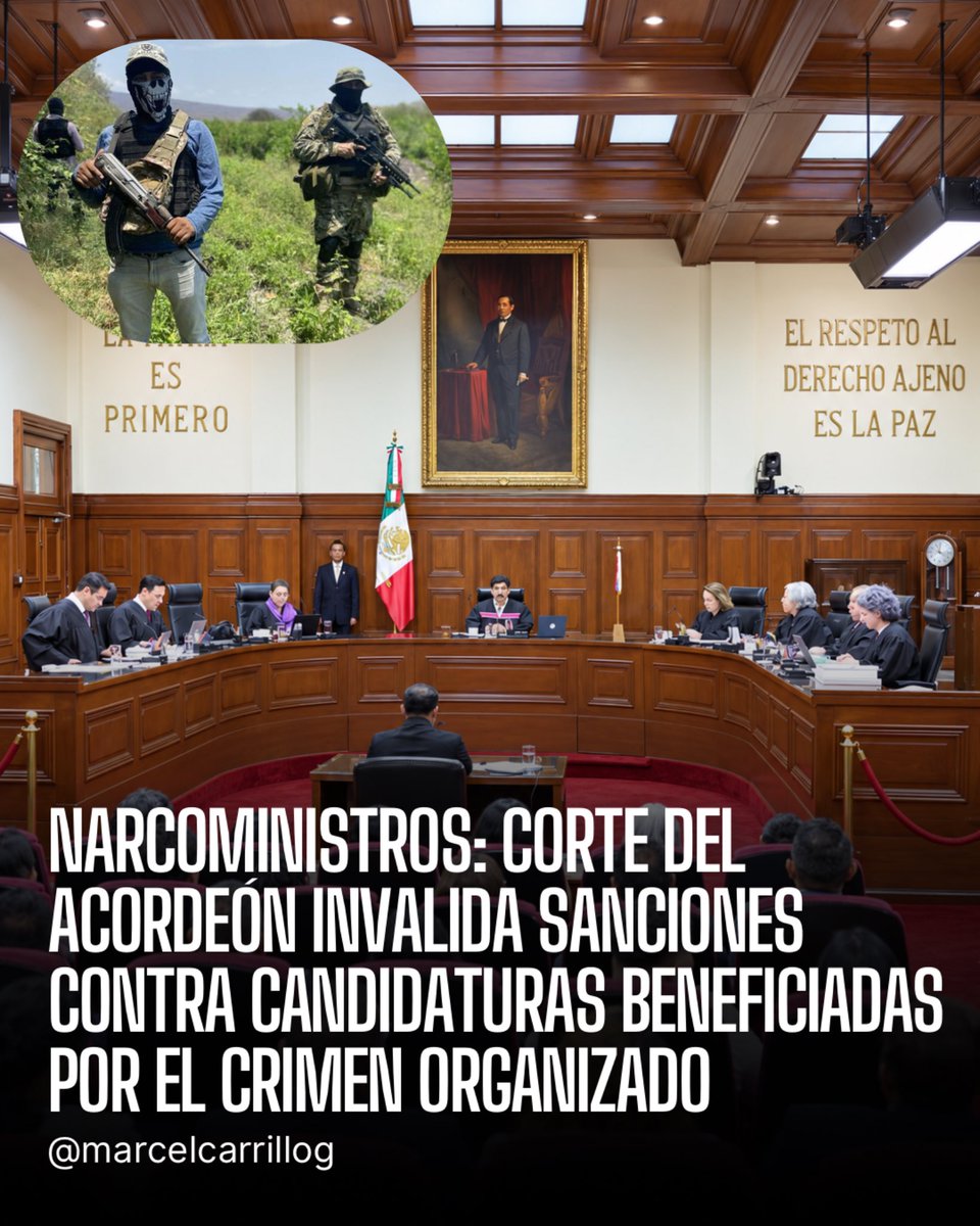 marcelcarrillog's tweet photo. Aparte de burros, ¡narcos!

La Corte del acordeón se opuso a que Chihuahua pudiera anular elecciones por intervención del crimen organizado y sancionar a candidaturas beneficiadas por el narcotráfico, legislación impulsada por la gobernadora Maru Campos.

Al mismo tiempo, obligó al Congreso estatal a incorporar la ocurrencia de la narca de Palacio sobre regular la intervención extranjera en los procesos electorales.

¿Así o más claro de qué lado están los narcoministros impuestos por los acordeones de Morena? Queda clarísimo que están pagando el favor a quienes le operaron la elección.

No tengan duda de mi postura: esto es un narcorégimen que ya secuestró hasta la más alta tribuna judicial de nuestro país.