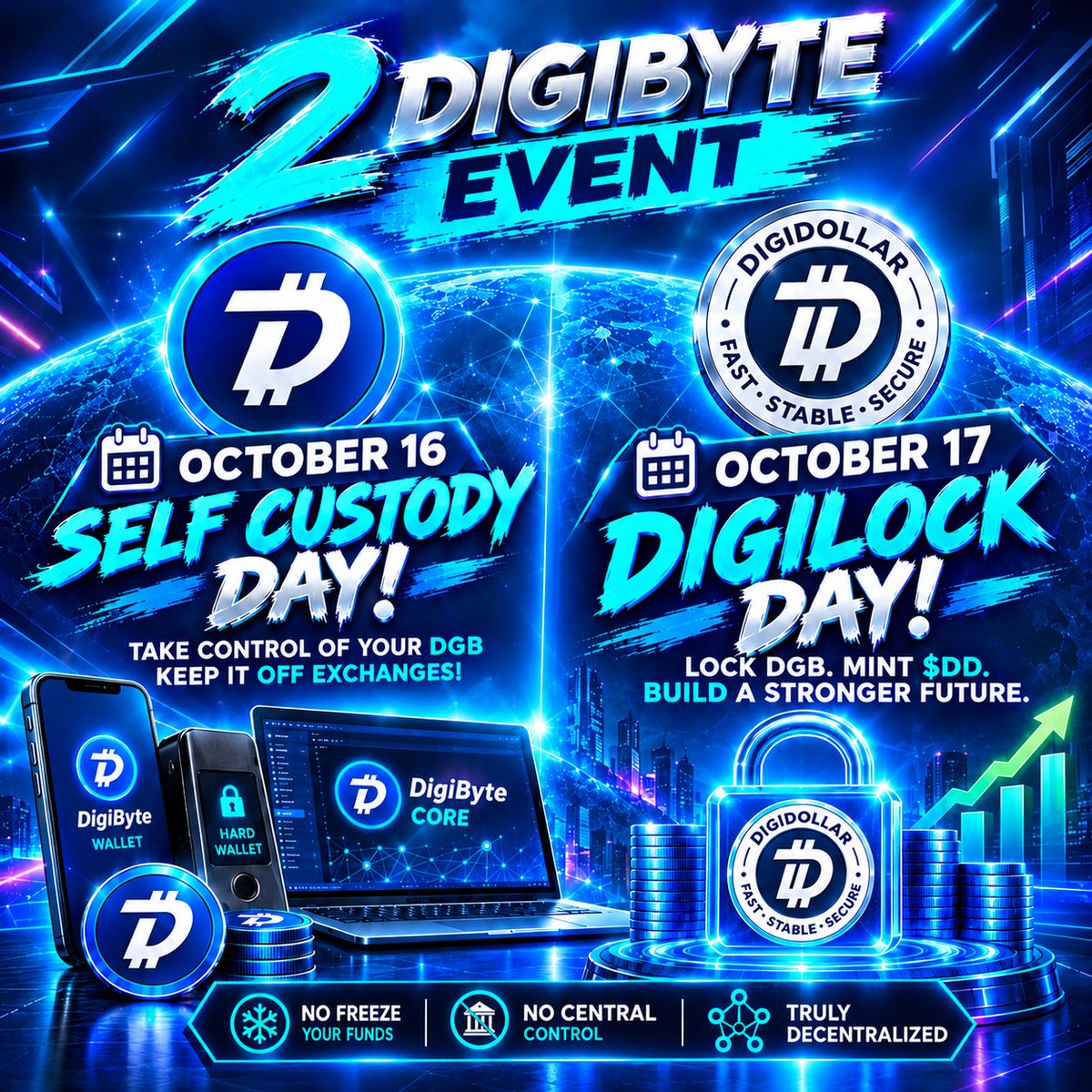 whale_decentra's tweet photo. 📅 MARK YOUR CALENDAR!

October 16 — DigiByte Self-Custody Day!
October 17 — DigiByte Time Lock Day!

Two days. Two powerful events. Take control of your DGB. Lock. Secure. Decentralize. 💙 $DGB
#SelfCustody #DigiLockDay #DigiByte https://t.co/2ql5EmlHVO