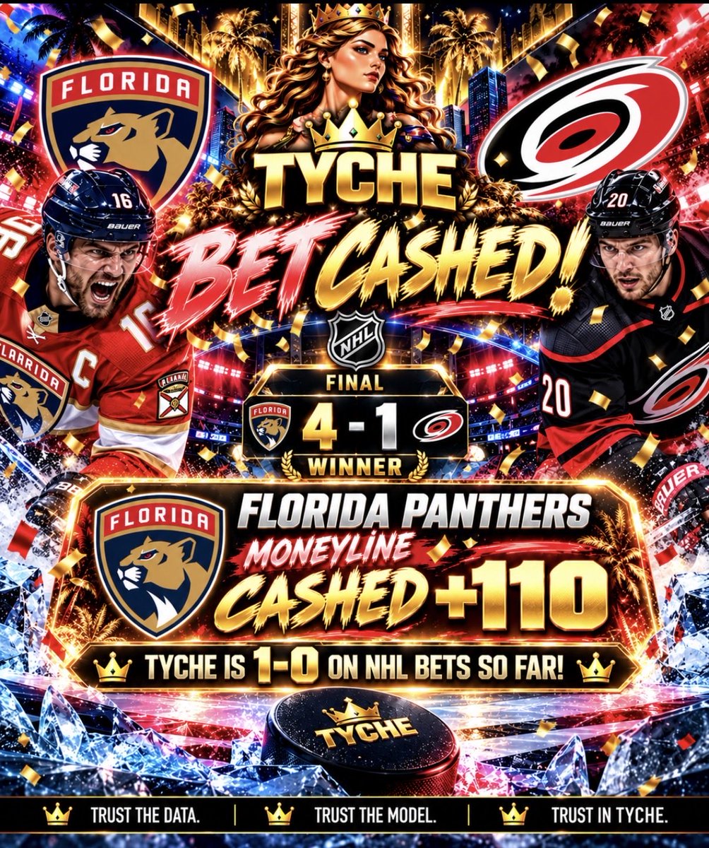 TychePicks's tweet photo. BET CASHED. 👑🏒💰

Florida Panthers ML +110 gets home, and TYCHE STARTS 1-0 ON NHL BETS. 📈🔥

One bet. One win. Perfect start.

TRUST THE DATA.
TRUST THE MODEL.
TRUST IN TYCHE. 👑

#Tyche #TychePicks #NHL #NHLBets #NHLBetting #NHLPicks #Hockey #HockeyBets #HockeyBetting #SportsBetting #SportsBets #BettingTwitter #GamblingTwitter #SportsPicks #BettingPicks #BettingCommunity #BettingTips #BettingAnalysis #DataDriven #DataAnalytics #PredictiveAnalytics #SportsAnalytics #AI #AIBetting #AIAnalytics #MachineLearning #FloridaPanthers #Panthers #TimeToHunt #FLA #PanthersWin #Moneyline #MoneylineBet #BetCashed #Winner #WinningPick #PlusMoney #PlusMoneyPlay #CashIt #CashTheTicket #TrustTheData #TrustTheModel #TrustInTyche #1And0 #Undefeated #LetsGo #HockeyTwitter