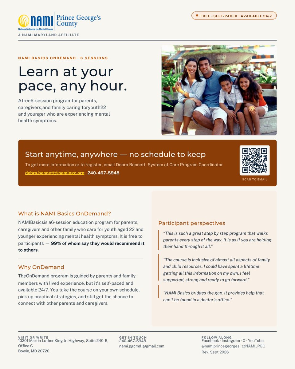 NAMI_PGC's tweet photo. ๐ Learn at your pace, any hour. Free, self-paced NAMI Basics OnDemand for parents & caregivers of youth 22 & under. Email debra.bennett@namipgc.org #NAMIPGC #NAMIBasics https://t.co/gVMOx4YtaC