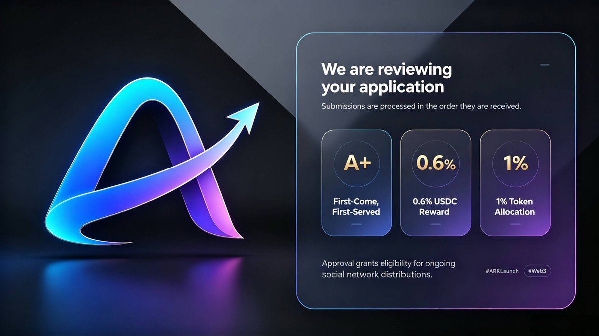 arcARKLaunch's tweet photo. Applicants are kindly asked to wait patiently whilst we review your application. We are processing submitted applications on a first-come, first-served basis. Once approved, you will be eligible for an ongoing 0.6% USDC reward across the entire social network, as well as a 1% token allocation from all creator projects. #ARK #ARC #OG #Meme
