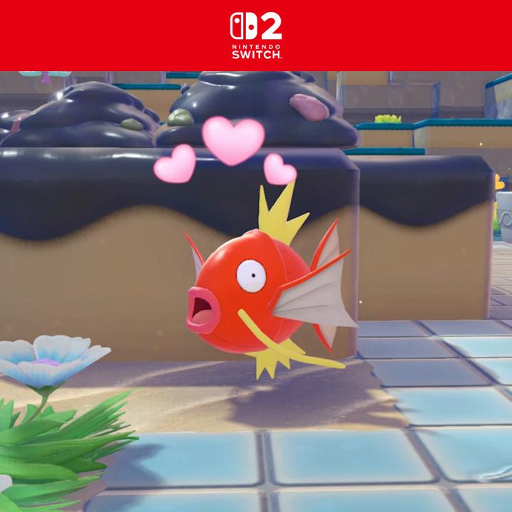 A promotional image for the Nintendo Switch 2 shows a screenshot from a Pokémon game with Magikarp, with pink heart stickers overlaid on the scene.