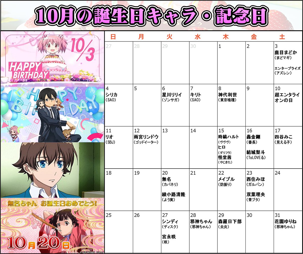 washo613's tweet photo. 【10月の誕生日キャラ・記念日一覧】

10/3
鹿目まどか（まどマギ）
エンタープライズ(アズレン)

10/4
シリカ（SAO）

10/6
星川リリイ（ゾンサガ）

10/7
キリト（SAO）

10/8
神代利世（東京喰種）

10/10
超エンタライオンの日

10/11
リオ（SBJ）

10/12
雨宮リンドウ（ゴッドイーター）

10/15
時縞ハルト（ヴヴヴ）
ヒロ（ダリフラ）
怪堂茜（やじきた）

10/16
轟金剛（番長）
結城梨斗（To LOVEる）

10/17
四谷みこ（見える子ちゃん）

10/20
無名（カバネリ）
綾小路清隆（よう実）

10/22
メイプル（防振り）

10/23
西住みほ（ガルパン）
双葉理央（青ブタ）

10/27
シンディ（ディスク）
宮永咲（咲）

10/28
邪神ちゃん（邪神ちゃん）

10/29
森羅日下部（炎炎）

10/31
花園ゆりね（邪神ちゃん）
