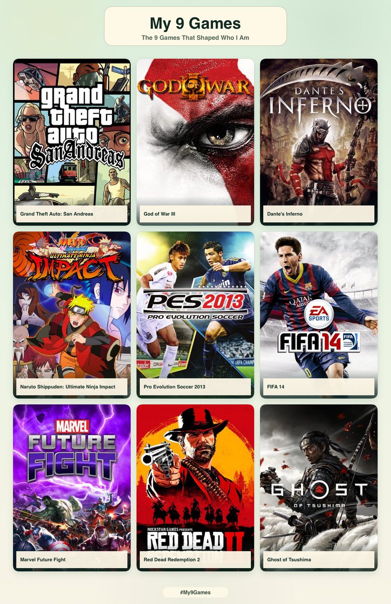 Shayotemi's tweet photo. Me + 9 games that shaped who I am https://t.co/mxDogDopKy