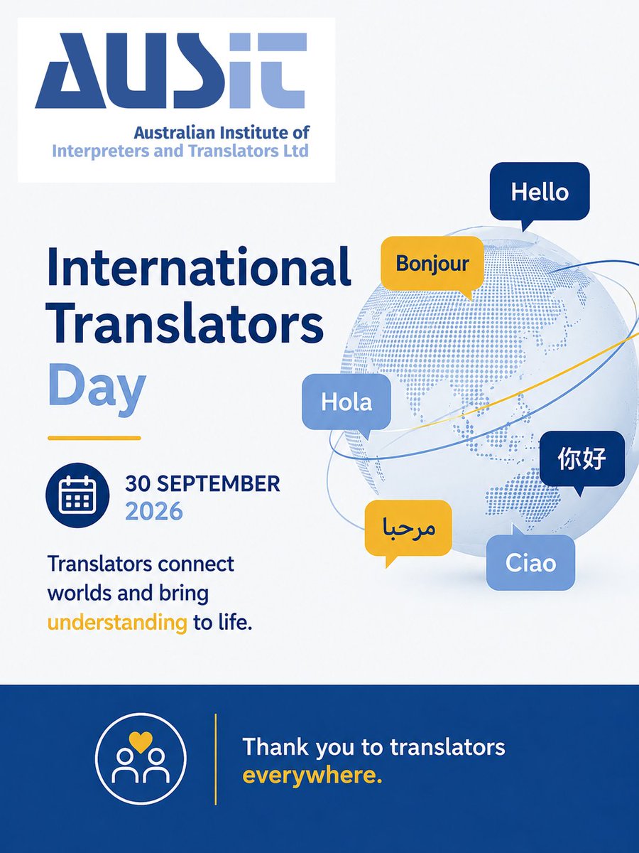 AUSIT_TI's tweet photo. π Happy International Translation Day!
Today we celebrate translators and interpreters worldwide who connect people, cultures and communities across languages. π
Thank you for the vital work you do every day.
#InternationalTranslationDay #AUSIT #Translators https://t.co/uX68574apd