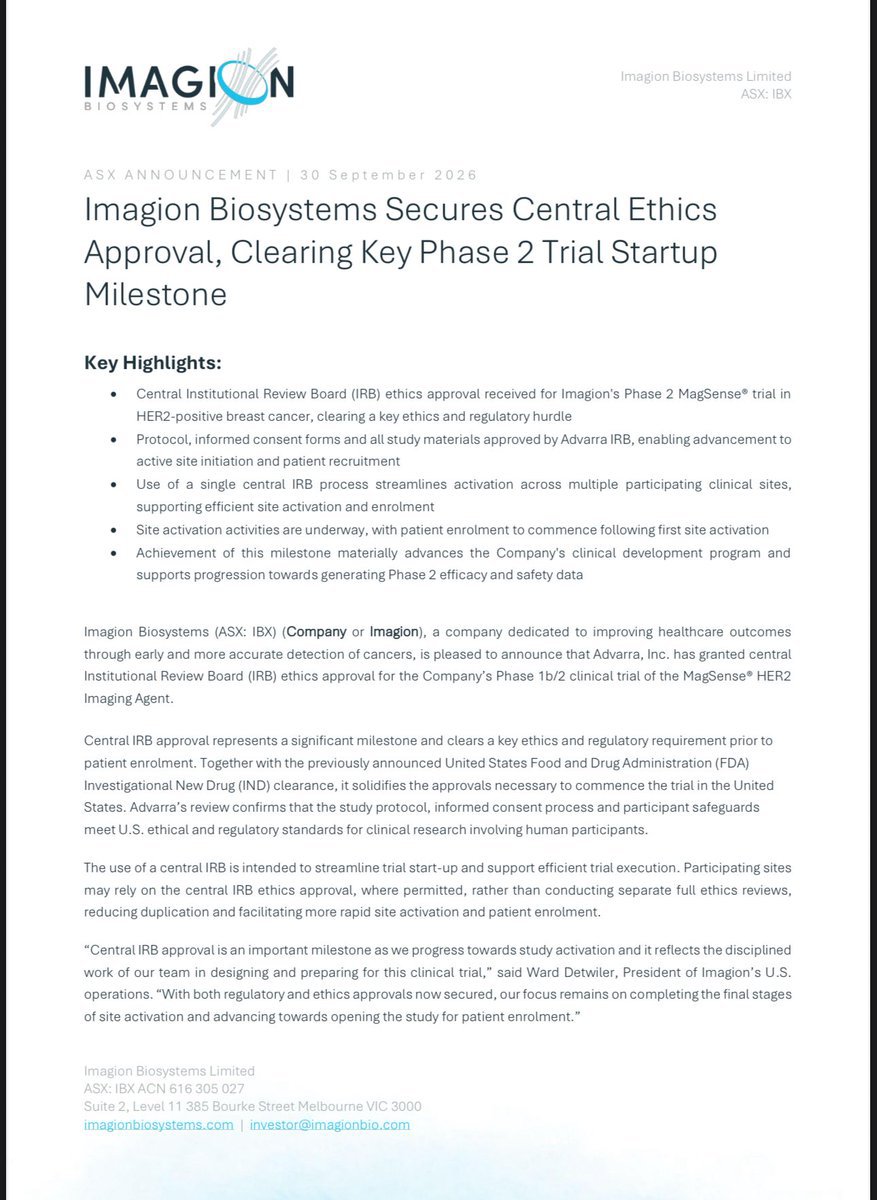 ausstokchick's tweet photo. Another huge milestone for #IBX 

Imagion Biosystems secures central ethics approval for its Phase 2 MagSense® trial in HER2-positive breast cancer.

A key ethics and regulatory hurdle

Protocol, informed consent forms and all study materials approved by Advarra IRB, enabling. https://t.co/eKbQ7vM5U5