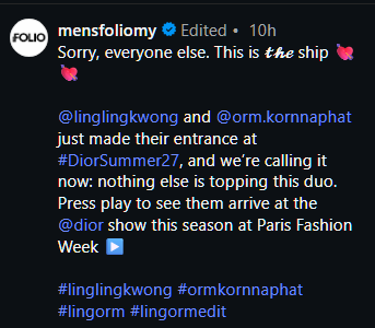 Lumpia_22's tweet photo. "This is the ship." 🫶 

LINGORM BA DIOR AT PFW
#DiorSummer27xLingOrm
#LinglingKwong #OrmKornnaphat 
#LingOrm #Dior #DiorSummer27 #PFW https://t.co/fHTFDtd2AQ