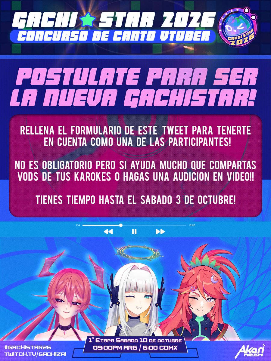 GachiZai's tweet photo. 🎵𝗚𝗮𝗰𝗵𝗶 𝗦𝘁𝗮𝗿ⵑ🎤
¿Emocionada por ser la nueva #GachiStar? 🎊
¡Seguimos con postulaciones abiertas para el mayor concurso de canto de la comunidad Vtuber!
¿Que esperas para mostrarnos tu voz?✨
📋Formulario de inscripción y bases del concurso ⬇️
https://t.co/EUx5DxInIK https://t.co/GqUCyku4nM