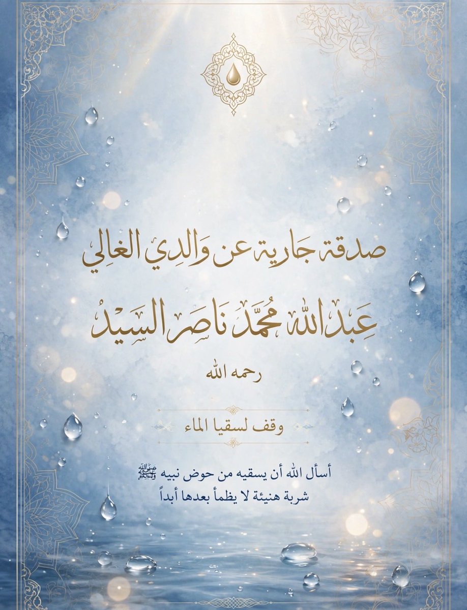 juja_97's tweet photo. صدقة جارية عن والدي الغالي عبدالله محمد ناصر السيد رحمه الله
وقف سقيا ماء عبر منصة إحسان
أسأل الله أن يجعلها نور ورفعة له في قبره ويسقيه من حوض نبيه محمد ﷺ الله لا يحرمكم الأجر وجزاكم الله خيرًا على مشاركتكم ونشركم للخير. 
الرابط👇🏻
https://t.co/mdYdgcwylg
#صدقة_جارية #سقيا_ماء https://t.co/bBEqWXw4KZ