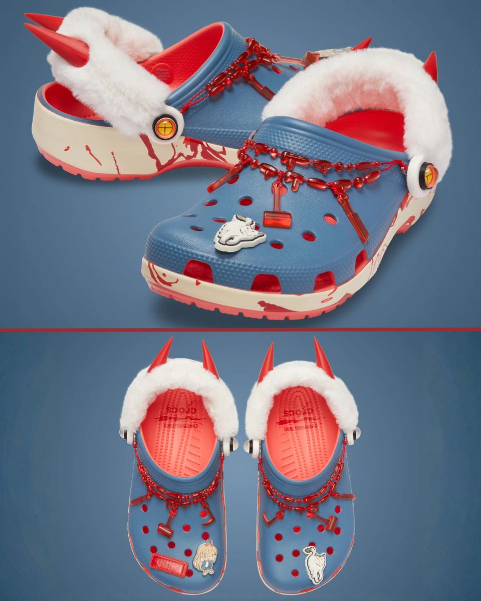 mecchaJP's tweet photo. Chainsaw Man is getting its own Crocs! 🪚

The new Chainsaw Man × Crocs collection features four Classic Clogs inspired by Denji, Power, Pochita, and more, along with character-themed Jibbitz charms! ✨

The collection will debut early at New York Comic Con from October 8–11, before a wider release later this fall. 🪚

Which pair would you wear? 👀

#ChainsawMan #Crocs #Denji #Pochita #RezeArc