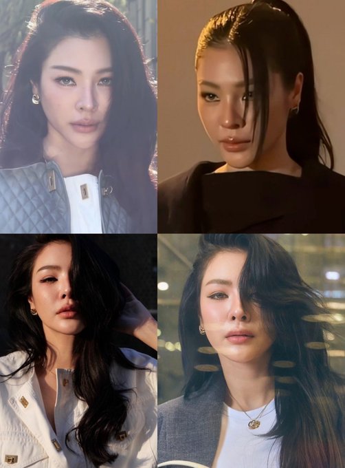 A collage of four portrait photos of the same woman with long dark hair in different styles and outfits, including a white quilted jacket and a gray blazer.