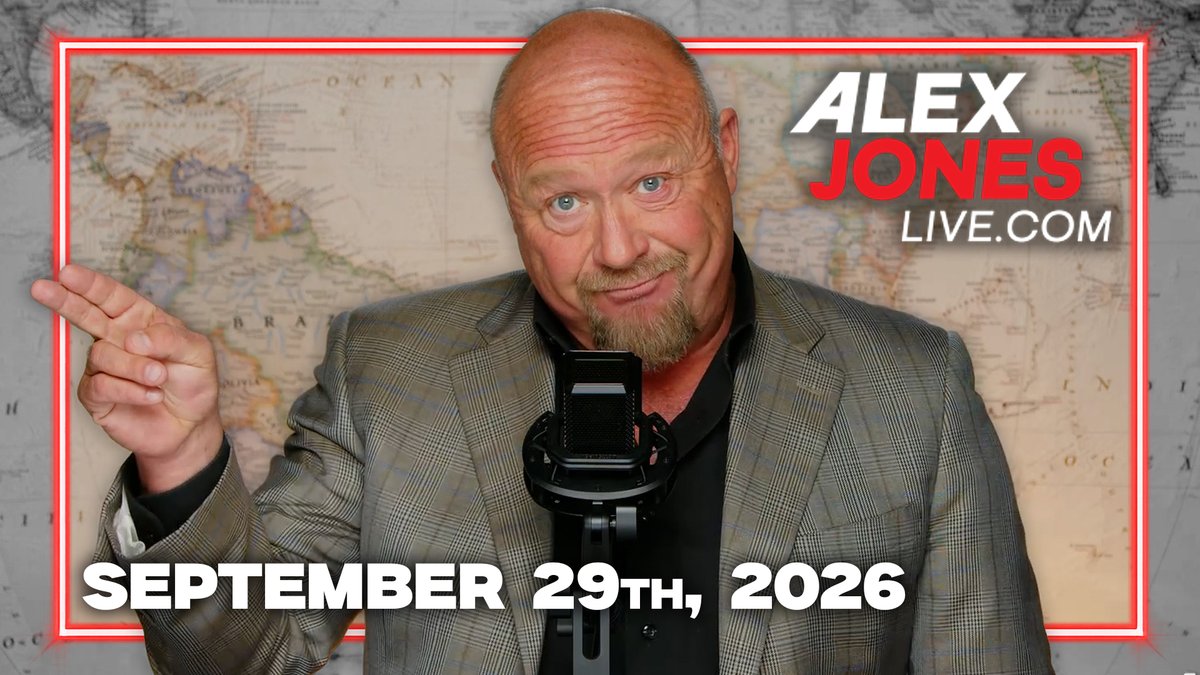 Promotional thumbnail for "Alex Jones Live.com" dated "September 29th, 2026," featuring a bald man with a goatee speaking into a microphone and pointing, set against a vintage world map background with a red border. The imagery aligns with the post's teaser for a "Tuesday Transmission" covering a farmer's whistleblower claims about a UK terror attack and predictions from Trump's advisor Peter Ticktin.