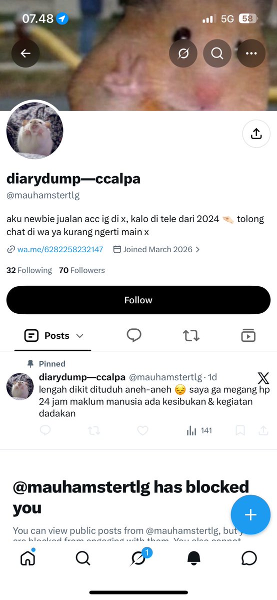 ayctions's tweet photo. @akunk0s0ng___ @mauhamstertlg sama ka, aku di block jg wkwwkwkw, emg penipu jir https://t.co/U6AVhs5Pt2