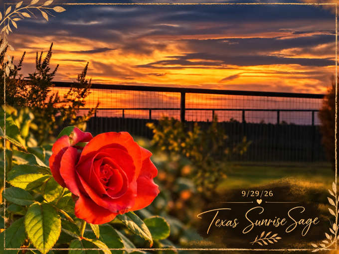A vibrant red rose blooms against a sky with orange sunset clouds, with text reading '9/29/26 Texas Sunrise Sage' in the corner.