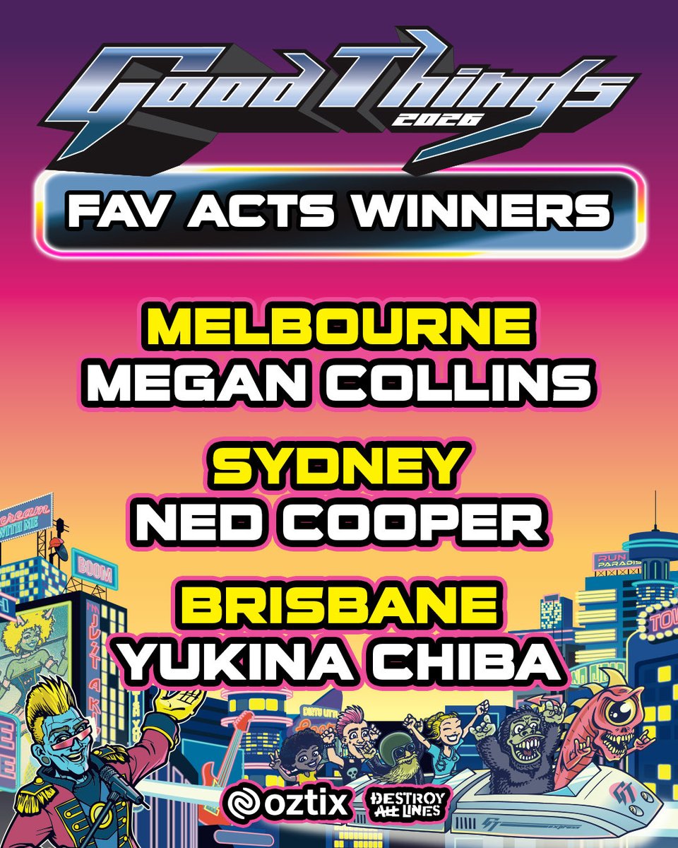 GoodThingsFest's tweet photo. 🏆 THE WINNERS ARE IN!

Huge congratulations to our three winners, who are each walking away with a personalised fan package built around their favourite acts.

🏅MELBOURNE: Megan Collins
🏅SYDNEY: Ned Cooper
🏅BRISBANE: Yukina Chiba

Congrats! 🎉 https://t.co/jlnxlUGdHq