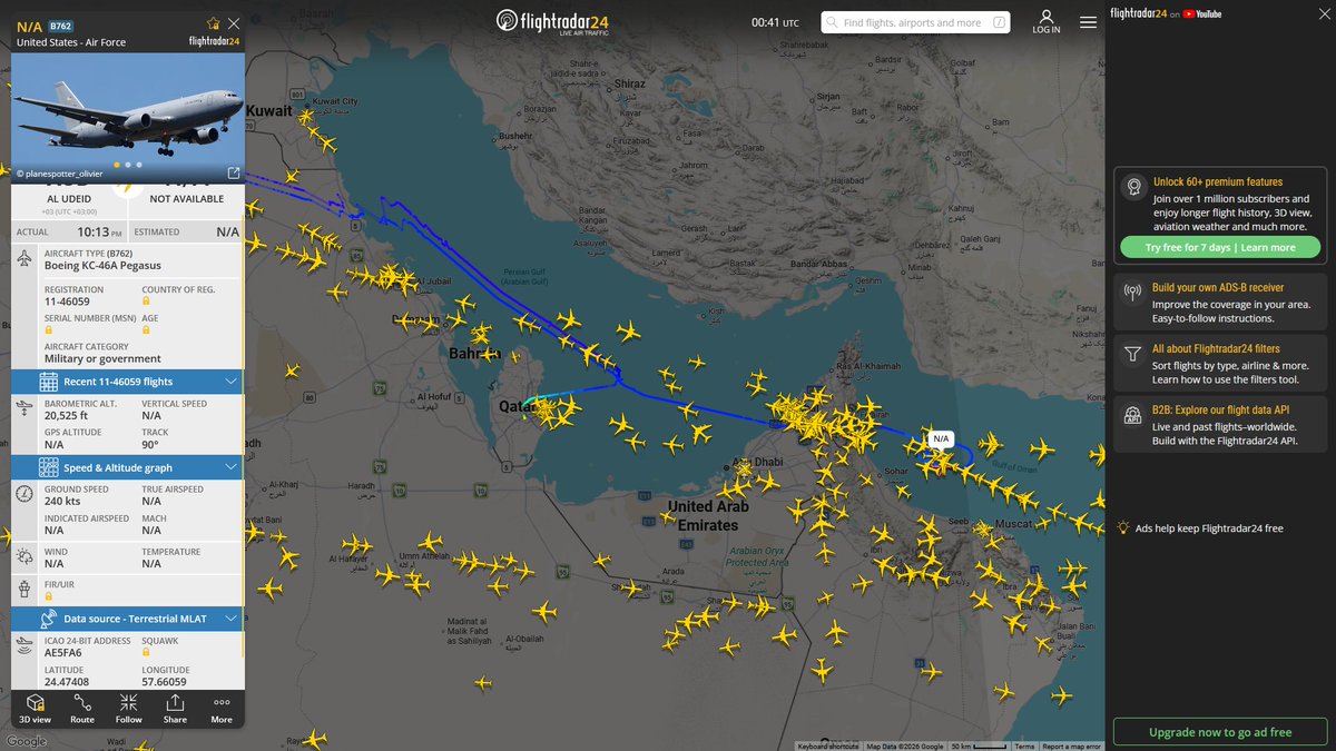 AIYeyENGDdJkjTr's tweet photo. Sept. 30, 2026
#Al-Udeid Air Base #Muwaffaq Salti Air Base, Jordan ==> #Gulf of Oman 
#NoCALLSIGN #AE5FA6 USAF KC-46A Pegasus

#Al-Udeid Air Base ==> #Gulf of Oman 
#NoCALLSIGN #AE63B7 USAF KC-46A Pegasus

#Al-Udeid Air Base ==> #Musandam Peninsula  
#FLYER49 #AE574D USAF KC-46A Pegasus 
#NoCALLSIGN #AE0149 USAF KC-135R Stratotanker

#Al-Udeid Air Base ==> #Gulf of Oman 
#NoCALLSIGN #AE5E12 USAF KC-46A Pegasus 
#NoCALLSIGN #AF8444 USAF KC-46A Pegasus