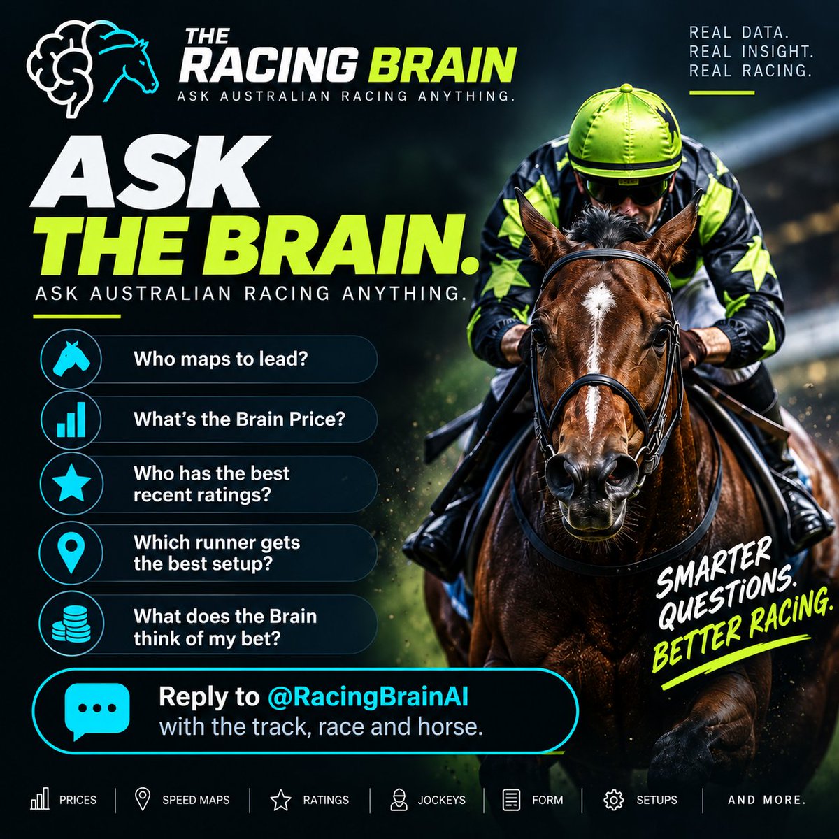 racingbrainai's tweet photo. Got a horse you're looking at today?

Ask The Racing Brain.

Reply with the track, race and runner. Ask about Brain Price, speed maps, ratings, jockeys, race setup or your bet.

@RacingBrainAI https://t.co/Pe0n9ZgrZe