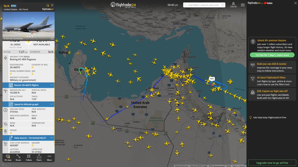 AIYeyENGDdJkjTr's tweet photo. Sept. 30, 2026
#Al-Udeid Air Base #Muwaffaq Salti Air Base, Jordan ==> #Gulf of Oman 
#NoCALLSIGN #AE5FA6 USAF KC-46A Pegasus

#Al-Udeid Air Base ==> #Gulf of Oman 
#NoCALLSIGN #AE63B7 USAF KC-46A Pegasus

#Al-Udeid Air Base ==> #Musandam Peninsula  
#FLYER49 #AE574D USAF KC-46A Pegasus 
#NoCALLSIGN #AE0149 USAF KC-135R Stratotanker

#Al-Udeid Air Base ==> #Gulf of Oman 
#NoCALLSIGN #AE5E12 USAF KC-46A Pegasus 
#NoCALLSIGN #AF8444 USAF KC-46A Pegasus