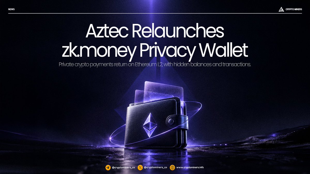 CryptoMiners_Co's tweet photo. Aztec Relaunches https://t.co/7z8Agu4gmU Privacy Wallet on Ethereum L2

@aztecnetwork has brought back https://t.co/7z8Agu4gmU three years after shutting it down, this time running on its privacy-focused Ethereum Layer 2.

The self-custodial wallet lets users send and receive crypto without publicly exposing their balances, payment amounts or counterparties.

Users can make payments through simple handles and shareable links instead of long wallet addresses, with support for transfers directly from Ethereum-based exchanges.

Aztec is also planning Ethereum DeFi integrations and a mobile app in Q4, as it expands private payments on its new network.