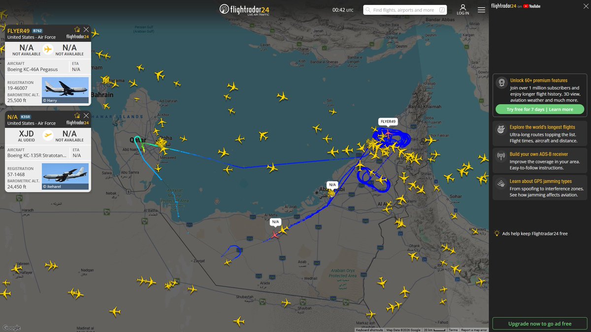 AIYeyENGDdJkjTr's tweet photo. Sept. 30, 2026
#Al-Udeid Air Base #Muwaffaq Salti Air Base, Jordan ==> #Gulf of Oman 
#NoCALLSIGN #AE5FA6 USAF KC-46A Pegasus

#Al-Udeid Air Base ==> #Gulf of Oman 
#NoCALLSIGN #AE63B7 USAF KC-46A Pegasus

#Al-Udeid Air Base ==> #Musandam Peninsula  
#FLYER49 #AE574D USAF KC-46A Pegasus 
#NoCALLSIGN #AE0149 USAF KC-135R Stratotanker

#Al-Udeid Air Base ==> #Gulf of Oman 
#NoCALLSIGN #AE5E12 USAF KC-46A Pegasus 
#NoCALLSIGN #AF8444 USAF KC-46A Pegasus