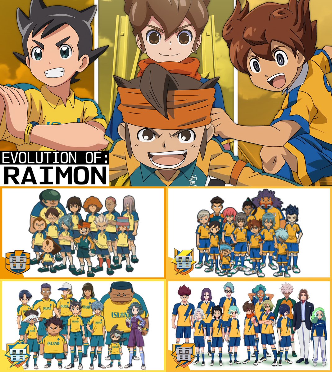 InazumaNational's tweet photo. ⚡️| INAZUMA ELEVEN (イナズマイレブン) – Evolution of: Raimon (雷門) https://t.co/CIeJryYrPi