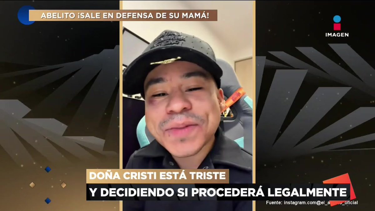 A news broadcast screenshot from Imagen shows a man with a black cap and a bruise on his face, with Spanish text reading 'ABELITO ¡SALE EN DEFENSA DE SU MAMÁ!' and 'DOÑA CRISTI ESTÁ TRISTE Y DECIDIENDO SI PROCEDERÁ LEGALMENTE', sourced from instagram.com/@el_a___oficial.