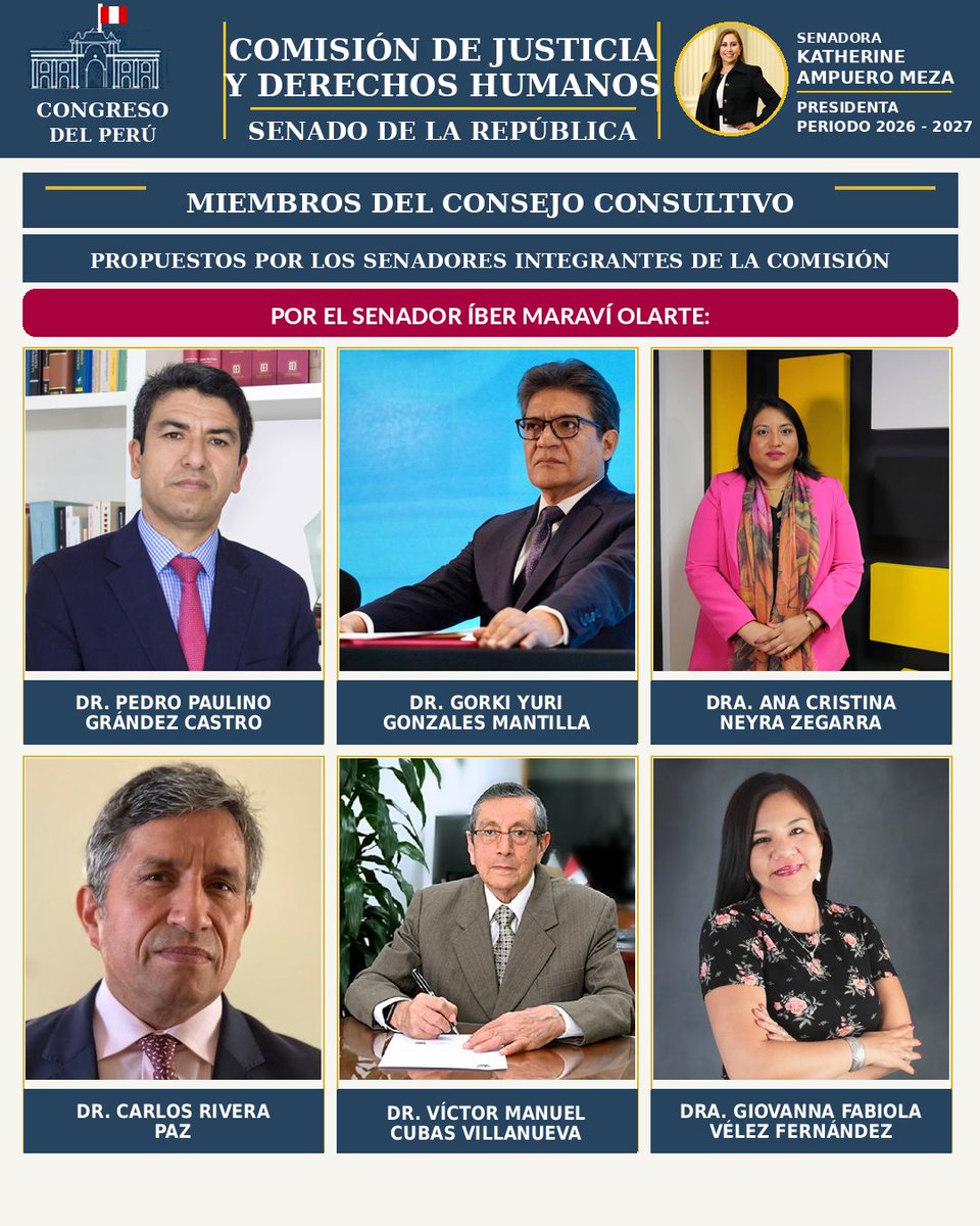 JustDDHHSenado's tweet photo. CONOCE A LOS DEMÁS INTEGRANTES DEL CONSEJO CONSULTIVO DE LA COMISIÓN
Son destacados profesionales del Derecho, con amplia experiencia y especialización en Constitución y Derechos Humanos, Justicia, Sistema Penal y Procesal Penal, propuestos por cinco senadores de esta Comisión.👇 https://t.co/lBv5xQHLgI