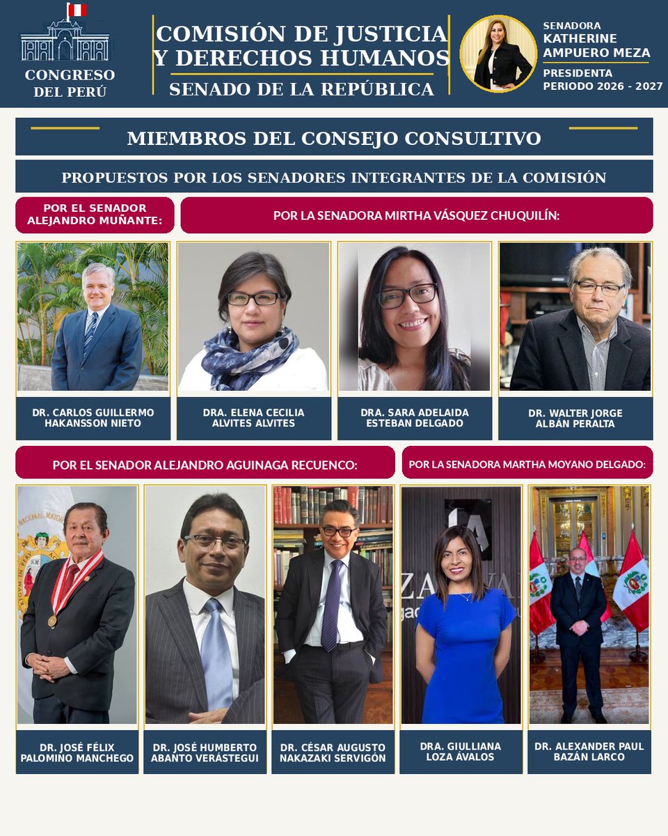 JustDDHHSenado's tweet photo. CONOCE A LOS DEMÁS INTEGRANTES DEL CONSEJO CONSULTIVO DE LA COMISIÓN
Son destacados profesionales del Derecho, con amplia experiencia y especialización en Constitución y Derechos Humanos, Justicia, Sistema Penal y Procesal Penal, propuestos por cinco senadores de esta Comisión.👇 https://t.co/lBv5xQHLgI