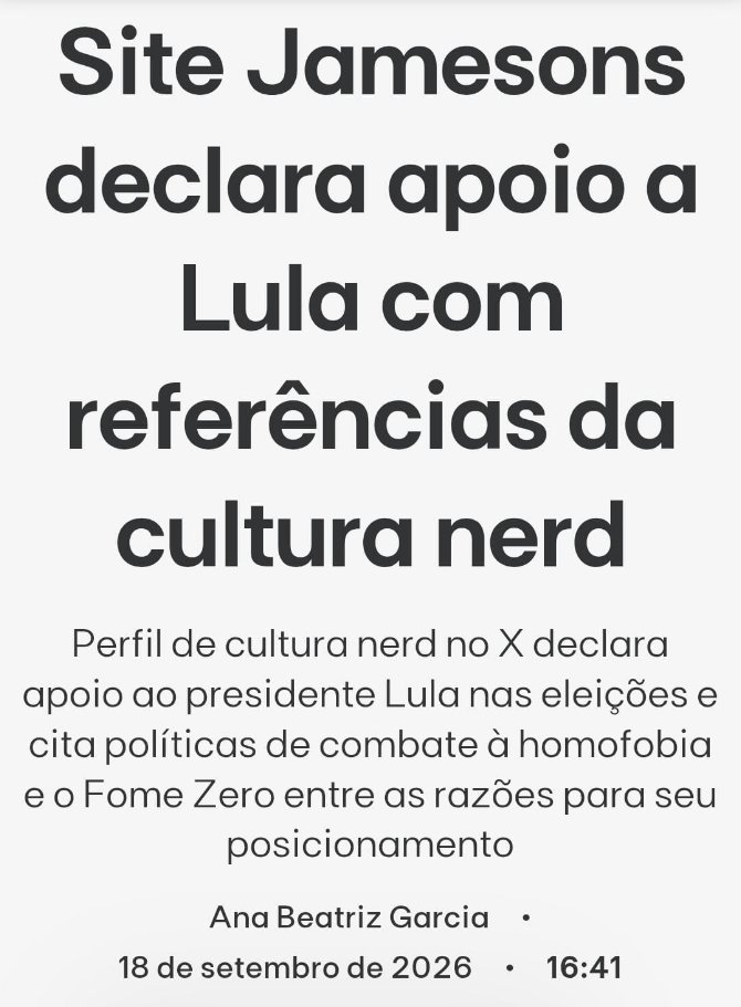 SiteJamesons's tweet photo. MEU DEUS? Fui surpreendido com uma ótima matéria, bem completa, explicando detalhadamente todos os motivos pelos quais estamos apoiando o Presidente Lula nessa reeleição.

Jamais achei que a nossa página alcançaria esse tamanho. Muito obrigado a todos por tanto ❤️