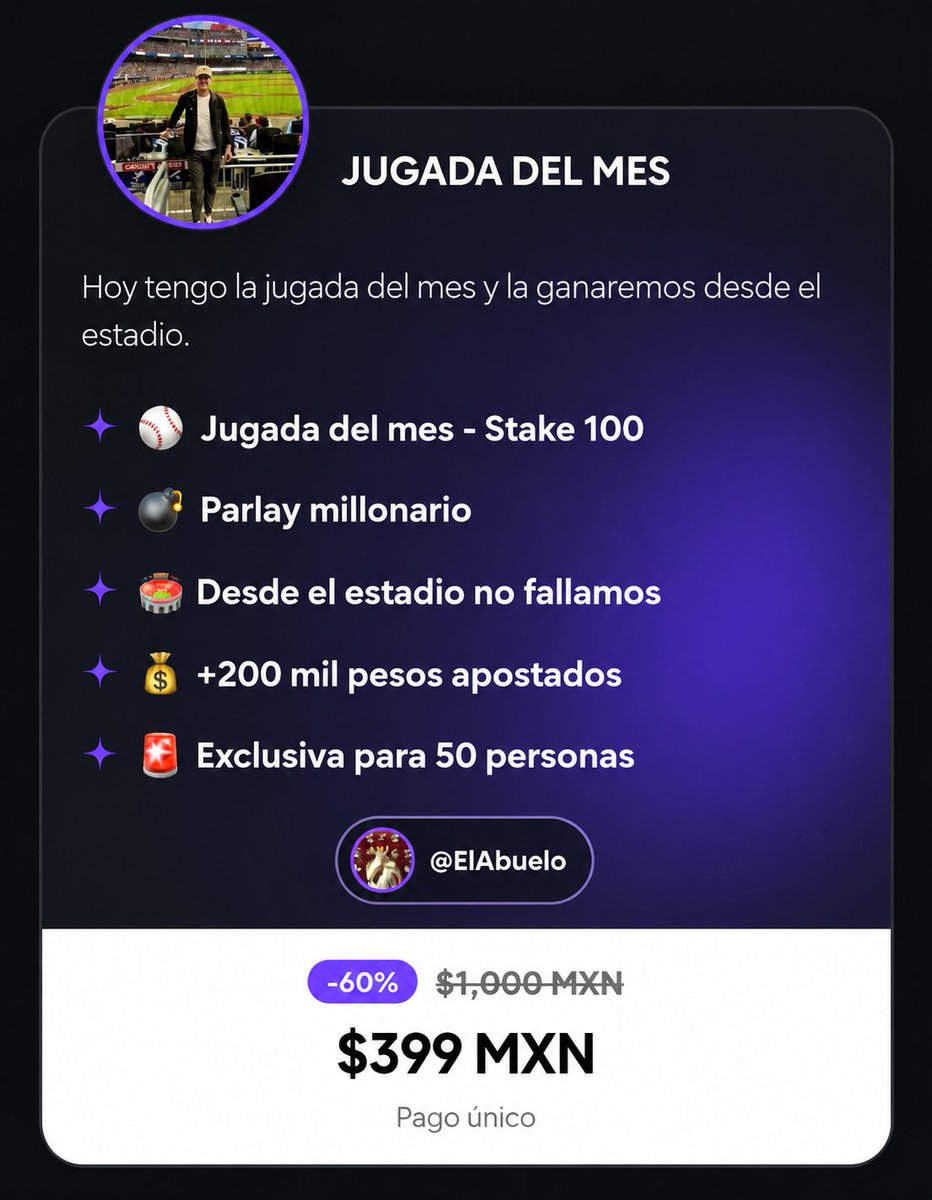 AdrianoPicks_MX's tweet photo. 🚨 JUGADA DEL MES DE GALLITO VIP 🐓💣

⚾ Padres ML al -125
💵 Metemos $190,213.06
🎯 Buscamos cobrar $342,383.50
La bomba del mes está puesta 🔥
Más apuestas GRATIS de #GallitoVIP 👇
https://t.co/TJscdKTHoL https://t.co/e8NEyBdnQm