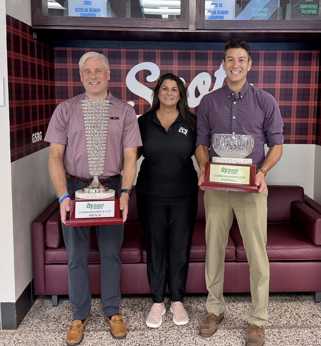 bcoker's tweet photo. Grateful to our good friend, Beth Vansant, @CCofSouth Commissioner, for dropping by @MaryvilleC today &amp; personally delivering “CCS Commissioner’s Cup for Men” &amp; “Overall CCS Commissioner’s Cup” for 25-26, our final year in CCS. @ad_andrewwu @MCScots #GoScots #MaryvilleCollege 🏆 https://t.co/tJS6tf6jAm