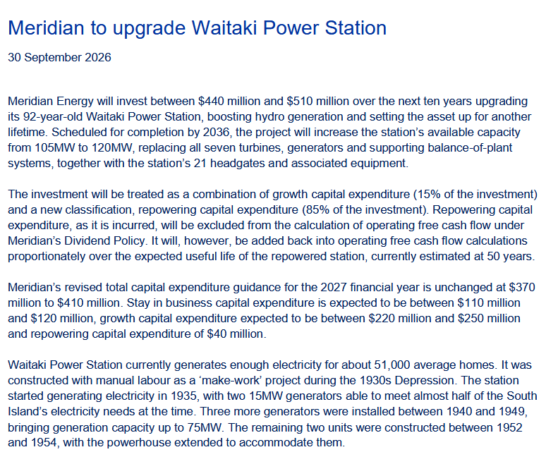 Poission51's tweet photo. Meridian energy to repower Waitaki hydro,through FCF.
The uplift will increase peaking capacity by 15MW when complete,with estimated increase in generation by around 35GWh from the same water use and reduced parasitic load and loss. https://t.co/alE4Engk7h