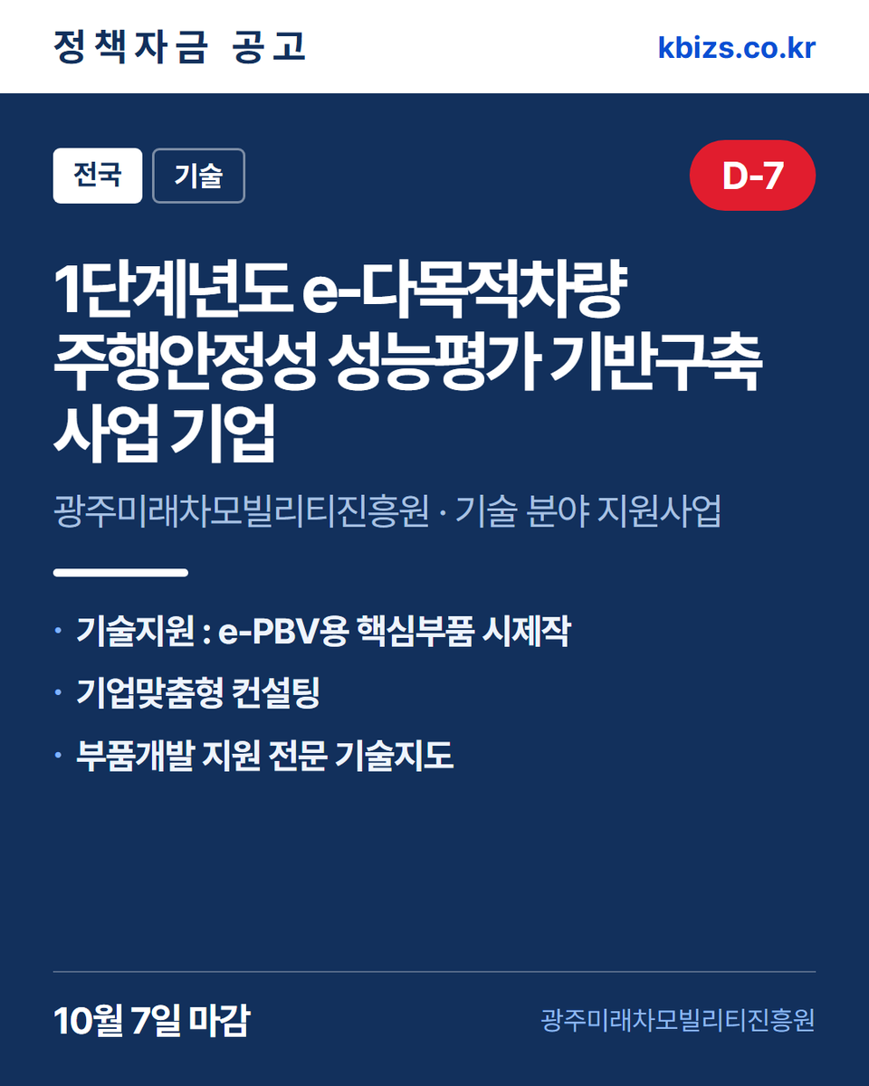 thekbizs's tweet photo. 오늘의 정책자금 공고 5건 · 기술·R&amp;D

① [전국] 1단계 1차년도 e-다목적차량 주… — 10월 7일 마감
② [전북] 군산시 2026년 창업 식품기업… — 10월 7일 마감
③ [전국] 2026년 강원 미래모빌리티 기업… — 10월 13일 마감

#소상공인정책자금 #정부지원정책자금조건 #기술 https://t.co/xvANSoAhlT