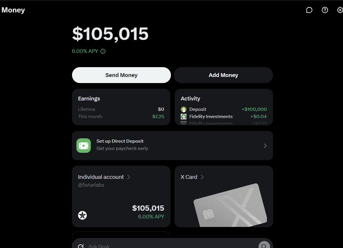 5StarLabs's tweet photo. @XMoney @elonmusk Can someone explain this?
I have $105,015 sitting in X Money, yet I'm limited to transferring just $1,500 to my linked bank.
I requested a limit increase. It was denied.
I WANT to move seven figures into X Money, but this makes absolutely no sense to me.
I moved $100,000 into X Money today alone. When I requested higher withdrawal limits, I was told I need a “longer track record of account activity” and should try again in 30 days.
How am I supposed to be comfortable moving seven figures into X Money when I can deposit $100,000 in a day, but can't transfer more than $1,500 of my balance back to my linked bank?
I'm not trying to attack X Money. I genuinely want to use the product and move significantly more money here. I just need someone to explain how this is supposed to work.