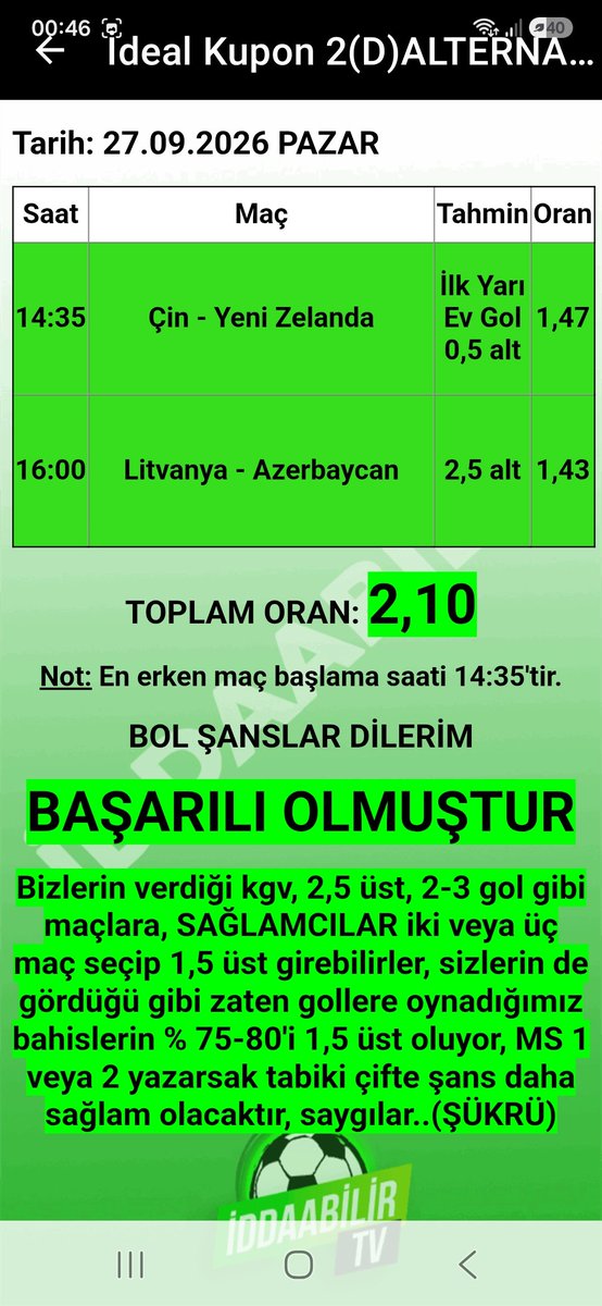 sukru1905's tweet photo. İddaabilir Mobil Uygulamamızda İDDİALI PERFORMANS, paylaştığımız başarısız olan ve BAŞARILI OLAN KUPONLARIMIZ bu şekilde, oynayan ve KAZANAN dostlarımızı TEBRİK EDERİZ.👏🏻👏🏻✅️🔥🧿✍️🏻 
UYGULAMA LİNKLERİ:
https://t.co/ZSqwHT9AiX
https://t.co/hTNRYhBaXm

#iddaa #iddia #iddaakuponu #iddaabilirtv #sportoto