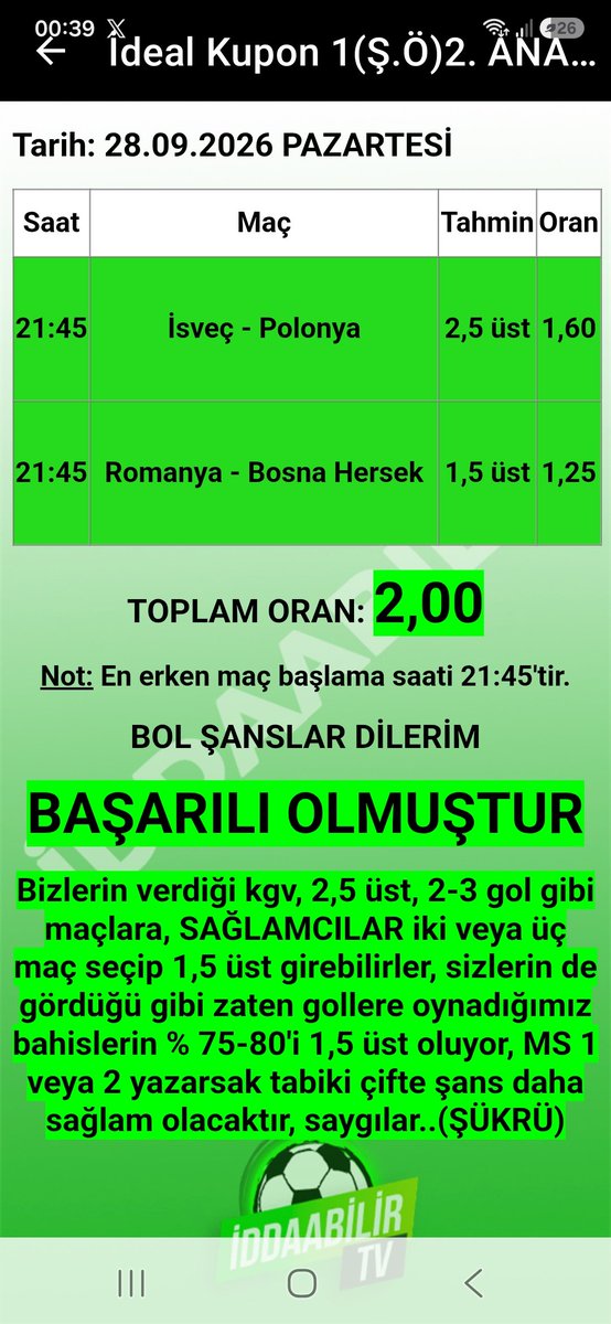 sukru1905's tweet photo. İddaabilir Mobil Uygulamamızda İDDİALI PERFORMANS, paylaştığımız başarısız olan ve BAŞARILI OLAN KUPONLARIMIZ bu şekilde, oynayan ve KAZANAN dostlarımızı TEBRİK EDERİZ.👏🏻👏🏻✅️🔥🧿✍️🏻 
UYGULAMA LİNKLERİ:
https://t.co/ZSqwHT9AiX
https://t.co/hTNRYhBaXm

#iddaa #iddia #iddaakuponu #iddaabilirtv #sportoto
