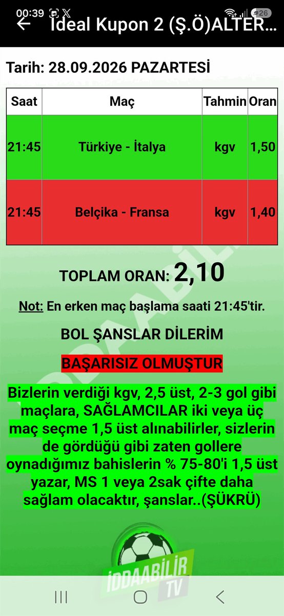 sukru1905's tweet photo. İddaabilir Mobil Uygulamamızda İDDİALI PERFORMANS, paylaştığımız başarısız olan ve BAŞARILI OLAN KUPONLARIMIZ bu şekilde, oynayan ve KAZANAN dostlarımızı TEBRİK EDERİZ.👏🏻👏🏻✅️🔥🧿✍️🏻 
UYGULAMA LİNKLERİ:
https://t.co/ZSqwHT9AiX
https://t.co/hTNRYhBaXm

#iddaa #iddia #iddaakuponu #iddaabilirtv #sportoto
