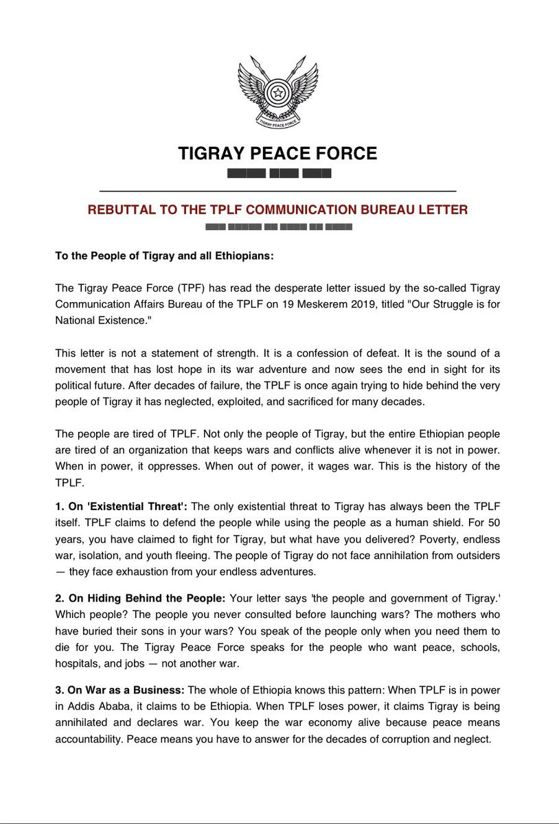 TigrayPeaceF's tweet photo. TPLF's "existential threat" letter is panic, not power.

You neglected Tigray for decades, now you hide behind Tigrayans when you're losing. https://t.co/p7BkZ1BZh4