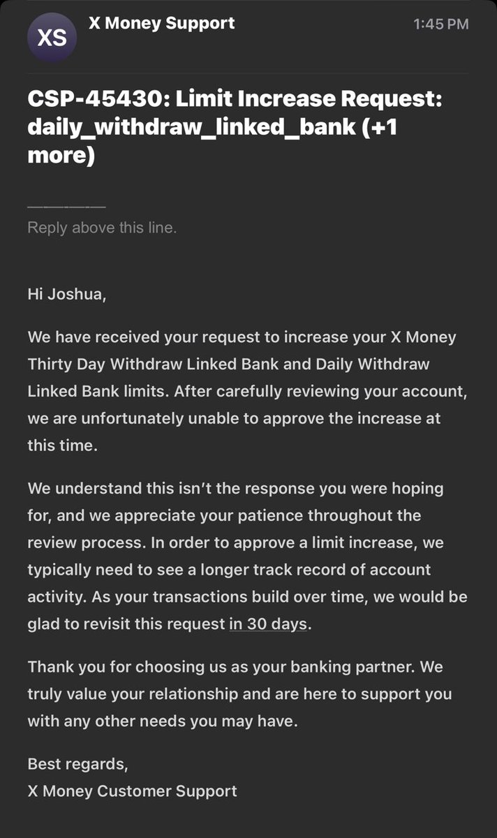 5StarLabs's tweet photo. @XMoney @elonmusk Can someone explain this?
I have $105,015 sitting in X Money, yet I'm limited to transferring just $1,500 to my linked bank.
I requested a limit increase. It was denied.
I WANT to move seven figures into X Money, but this makes absolutely no sense to me.
I moved $100,000 into X Money today alone. When I requested higher withdrawal limits, I was told I need a “longer track record of account activity” and should try again in 30 days.
How am I supposed to be comfortable moving seven figures into X Money when I can deposit $100,000 in a day, but can't transfer more than $1,500 of my balance back to my linked bank?
I'm not trying to attack X Money. I genuinely want to use the product and move significantly more money here. I just need someone to explain how this is supposed to work.