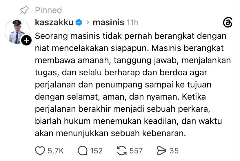 LambeSahamjja's tweet photo. guys lu pada tau gak nih
ada netizen cerita soal dunia masinis 

katanya seorang masinis gak pernah berangkat dengan niat mau celakain siapapun

masinis berangkat itu bawa amanah, tanggung jawab, jalanin tugas, dan selalu berharap serta berdoa biar perjalanan sama penumpangnya sampai tujuan dengan selamat aman dan nyaman

pas ada perjalanan yang berakhir jadi sebuah perkara, dia bilang biarlah hukum yang menemukan keadilan dan waktu yang akan menunjukkan kebenarannya