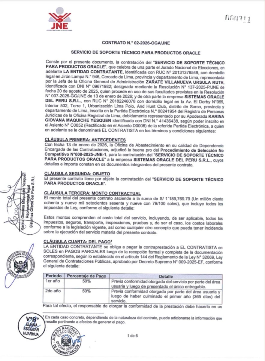 ginoequidad's tweet photo. 🚨Cerimedo vendía Licencias de ORACLE que compró la ONPE y el JNE antes de elecciones. Comparto contratos. En la foto no sale Larry Ellison, miembro de alto rango de MAGA. ORACLE facturo S/. 440 Millones solo en 2026, nuestros datos están en manos de🇺🇲y el FBI le paga a la Jauria https://t.co/PqKmDHcXuq