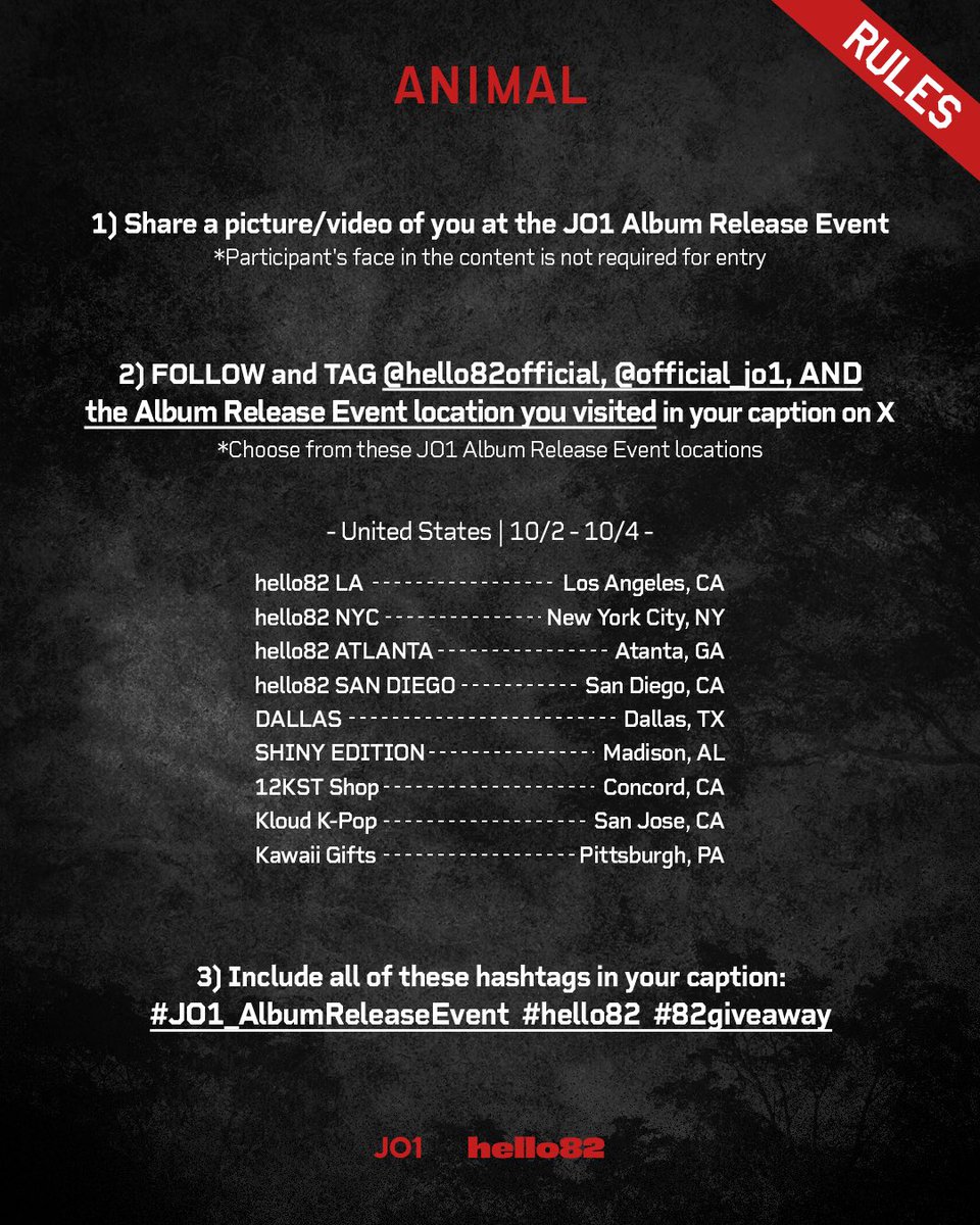 hello82official's tweet photo. It's time to feel the rush and escape with JAM 💥
Check out how to win a Full Member Set of hello82 Exclusive (MY MOMENT Ver.)!

📅 10/2 - 10/4 | Event hours may differ

Find an Album Release Event Near you! ⬇️
🔗 LINK IN BIO

Entry Period: 10/2 - 10/4
Winner Selection: 10/6

*The event participation is only eligible on Instagram and X
*Winners will be chosen and contacted via DM on Instagram and X ONLY
*No purchase necessary

By entering this giveaway, entrants confirm to being 18 years old and are bound by these terms and conditions. No purchase necessary. Additional participating locations and entry opportunities may be announced; see future announcements for details. Any filming or photography involving members of the public must require explicit prior consent before being obtained. We reserve the right to disqualify any entry that violates these requirements; we are not liable for any failure of entries. hello82 is not responsible for any lost, damaged or stolen prize(s). Prizes are non-transferable and/or non-refundable. No cash alternative is available.

@official_jo1
#JO1 #JO1_ANIMAL #hello82