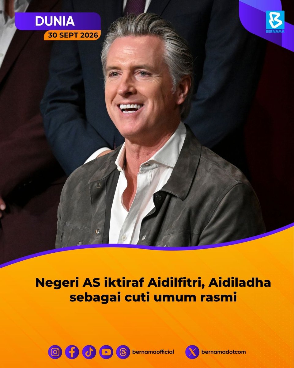 bernamadotcom's tweet photo. Negeri California di Amerika Syarikat (AS) mengiktiraf  Aidilfitri dan Aidiladha secara rasmi sebagai cuti umum di bawah undang-undang baharu yang ditandatangani oleh Gabenor Gavin Newsom, lapor Anadolu Ajansi.

Rang Undang-Undang Perhimpunan 2017 (Assembly Bill 2017) yang diluluskan menjadi undang-undang pada Ahad dan memasukkan kedua-dua perayaan utama umat Islam itu ke dalam kalendar cuti umum rasmi wilayah berkenaan.

Aidilfitri menandakan berakhirnya Ramadan, iaitu bulan berpuasa bagi umat Islam, manakala  Aidiladha disambut semasa musim kemuncak ibadah haji tahunan.

Menerusi undang-undang itu, sekolah awam dan kolej komuniti diberi kebenaran untuk bercuti pada kedua-dua perayaan berkenaan menerusi tatacara tempatan sedia ada, manakala kakitangan awam yang layak juga boleh menerima kemudahan cuti.

"Pengiktirafan Aidilfitri dan Aidiladha sebagai cuti umum wilayah adalah penetapan kalendar sivil yang memperakui kepentingan kebudayaan perayaan berkenaan kepada komuniti di California," menurut undang-undang itu.

#BernamaNews 
#Aidiladha 
#Aidilfitri 
#CutiUmumCalifornia