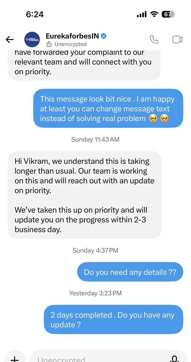 vikram00797's tweet photo. @EurekaforbesIN @pratikpota As per DM 3 days passed. ZERO update. https://t.co/EMeJR7IFtg