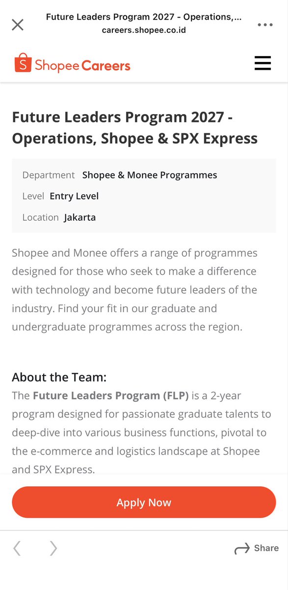 sipalinglogstic's tweet photo. Ini dia loker freshgrad yg ditungguu!

Shopee × SPX Express buka Future Leaders Program 2027 – Operations.

Ini program 2 tahun buat yg mau jadi operations leader di e-commerce + logistik.

Isinya: 
• 4 rotasi × 6 bulan 
• Operations Strategy & Execution 
• Sorting Center (dari eksekusi harian sampai process improvement) 
• Hub (first mile → last mile) 
• Business Operations (tulang punggung SPX / Shopee Ops)

Keluar program, kamu udah pegang pandangan holistik bisnisnya. Bukan cuma satu sudut gudang.

Plus yg jarang ada di lowongan fresh grad: 
• Mentorship langsung dari functional manager & senior leader 
• Cross-functional exposure 
• Training on-the-job 
• Project high-impact yang kelihatan hasilnya, bukan cuma slide

Syarat: 
• Pengalaman 0–2 tahun (logistik / ops / e-commerce nilai plus) 
• Semua jurusan boleh • STEM, Bisnis/Ekonomi, Logistik/Supply Chain lebih diunggulkan 
• Punya track record leadership (ormawa, panitia, komunitas) 
• Willing ditempatkan di lokasi operasional mana pun di Indonesia

Poin terakhir jangan disepelein. Ini program lapangan. Kalo mindset-nya cuma mau WFH Jakarta, skip aja.

Seleksinya ketat: 
• Apply: 18 Agustus – 31 Oktober 2026 
• Online assessment 
• Behavioural interview 
• Senior leader interview 
• FGD bareng senior leader

CV bagus doang nggak cukup. Harus bisa cerita ownership dan leadership.

Cocok buat siapa? 
Yg pengen ngerasain ops beneran: sorting, hub, first-last mile, strategy. Bukan cuma teori rantai pasok di kelas.

Kalo tipe kamu “pengen cepat naik, tapi mau belajar dari lantai operasional dulu” — ini jalurnya.

Deadline apply: 31 Oktober 2026 
Link: https://t.co/xfETBQmmqp atau cari di https://t.co/w07izM7UuD (Future Leaders Program 2027 – Operations, Shopee & SPX Express)

Jangan last minute. Assessment-nya udah jalan dari Agustus–November.

Save. Share ke temen seangkatan. Kalo ada yg pernah FLP Shopee/SPX, share pengalaman di reply dong!