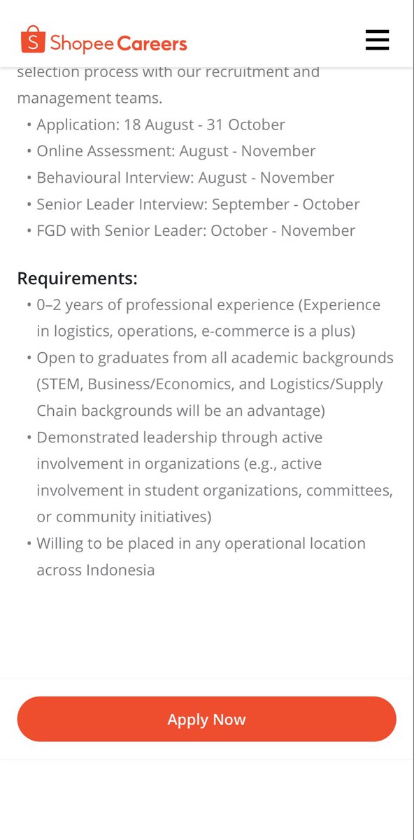 sipalinglogstic's tweet photo. Ini dia loker freshgrad yg ditungguu!

Shopee × SPX Express buka Future Leaders Program 2027 – Operations.

Ini program 2 tahun buat yg mau jadi operations leader di e-commerce + logistik.

Isinya: 
• 4 rotasi × 6 bulan 
• Operations Strategy & Execution 
• Sorting Center (dari eksekusi harian sampai process improvement) 
• Hub (first mile → last mile) 
• Business Operations (tulang punggung SPX / Shopee Ops)

Keluar program, kamu udah pegang pandangan holistik bisnisnya. Bukan cuma satu sudut gudang.

Plus yg jarang ada di lowongan fresh grad: 
• Mentorship langsung dari functional manager & senior leader 
• Cross-functional exposure 
• Training on-the-job 
• Project high-impact yang kelihatan hasilnya, bukan cuma slide

Syarat: 
• Pengalaman 0–2 tahun (logistik / ops / e-commerce nilai plus) 
• Semua jurusan boleh • STEM, Bisnis/Ekonomi, Logistik/Supply Chain lebih diunggulkan 
• Punya track record leadership (ormawa, panitia, komunitas) 
• Willing ditempatkan di lokasi operasional mana pun di Indonesia

Poin terakhir jangan disepelein. Ini program lapangan. Kalo mindset-nya cuma mau WFH Jakarta, skip aja.

Seleksinya ketat: 
• Apply: 18 Agustus – 31 Oktober 2026 
• Online assessment 
• Behavioural interview 
• Senior leader interview 
• FGD bareng senior leader

CV bagus doang nggak cukup. Harus bisa cerita ownership dan leadership.

Cocok buat siapa? 
Yg pengen ngerasain ops beneran: sorting, hub, first-last mile, strategy. Bukan cuma teori rantai pasok di kelas.

Kalo tipe kamu “pengen cepat naik, tapi mau belajar dari lantai operasional dulu” — ini jalurnya.

Deadline apply: 31 Oktober 2026 
Link: https://t.co/xfETBQmmqp atau cari di https://t.co/w07izM7UuD (Future Leaders Program 2027 – Operations, Shopee & SPX Express)

Jangan last minute. Assessment-nya udah jalan dari Agustus–November.

Save. Share ke temen seangkatan. Kalo ada yg pernah FLP Shopee/SPX, share pengalaman di reply dong!