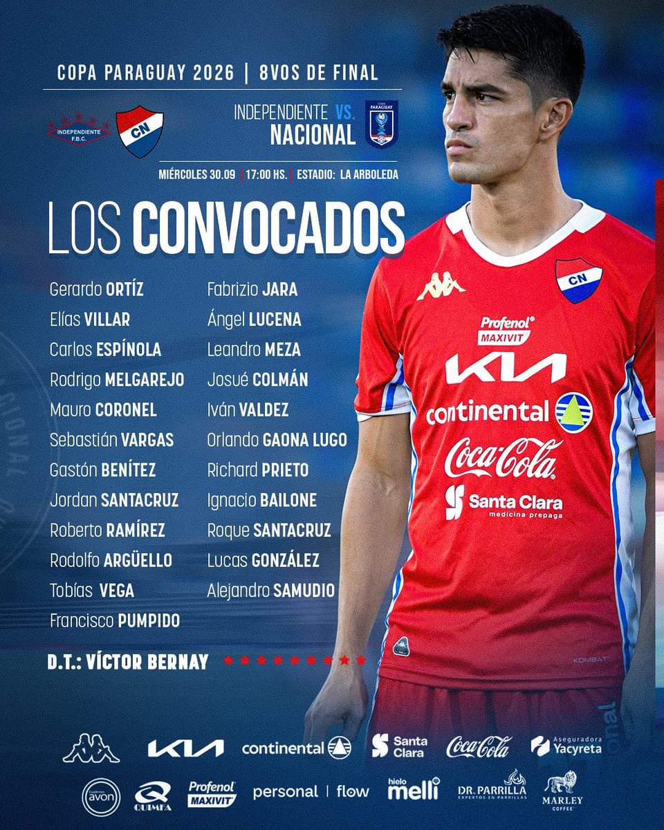 clubnacionalpy's tweet photo. ¡𝗟𝗢𝗦 𝗖𝗢𝗡𝗩𝗢𝗖𝗔𝗗𝗢𝗦! ⚽️

📝 Estos son los convocados para el partido ante Independiente por Copa Paraguay. 

Vamos Nacional 🔴⚪️🔵 https://t.co/N4w363oCbF